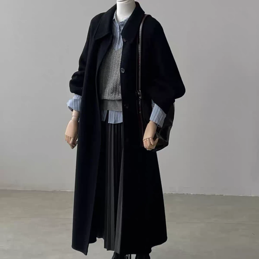 韩系黑色双面羊绒大衣女2025秋冬新款长款宽松赫本风保暖外套