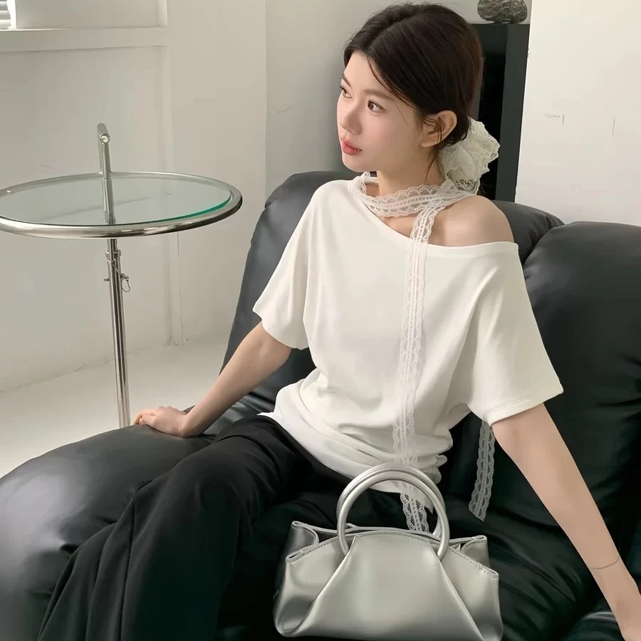 蕾丝飘带荡领短袖T恤2025夏季大码女装胖mm收腰遮肚显瘦别致上衣