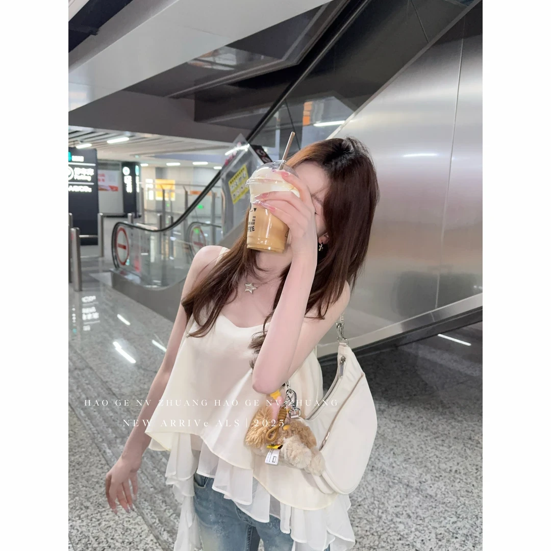 【月光漫游】夏季不规则吊带上衣显瘦洋气荷叶边无袖背心设计感吊带