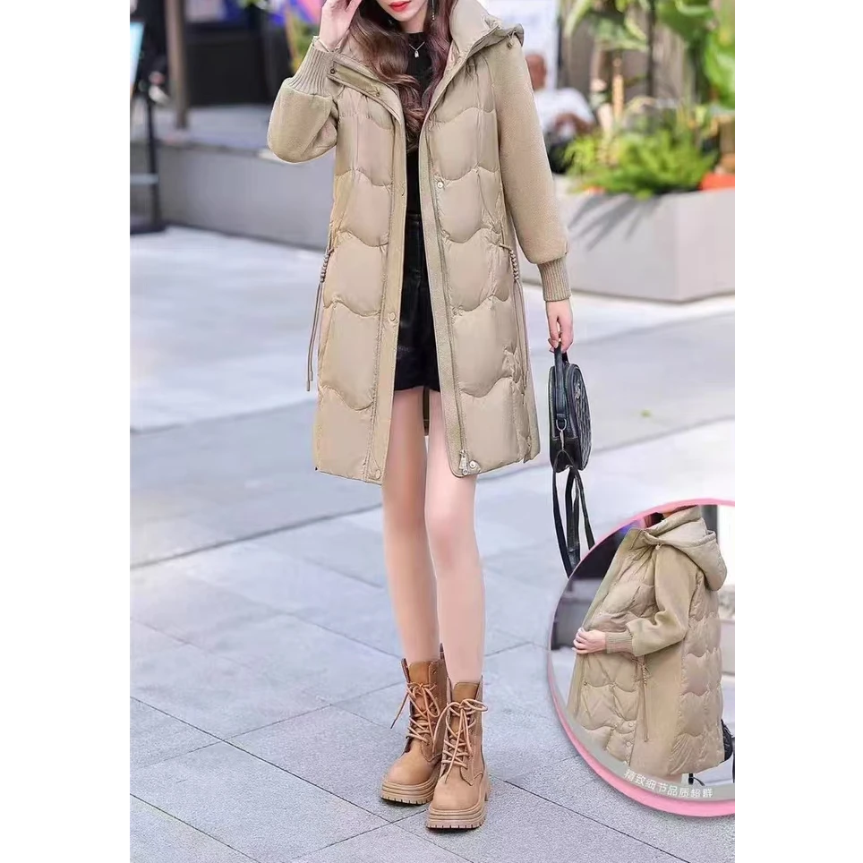 Y917 秋冬时尚连帽洋气羽绒拼接双面呢中长款百搭外套