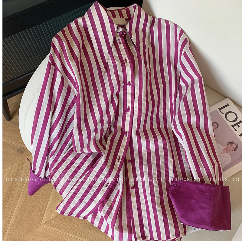 早秋2025新款老钱风紫色翻领条纹衬衫女气质百搭复古高级感上衣韩