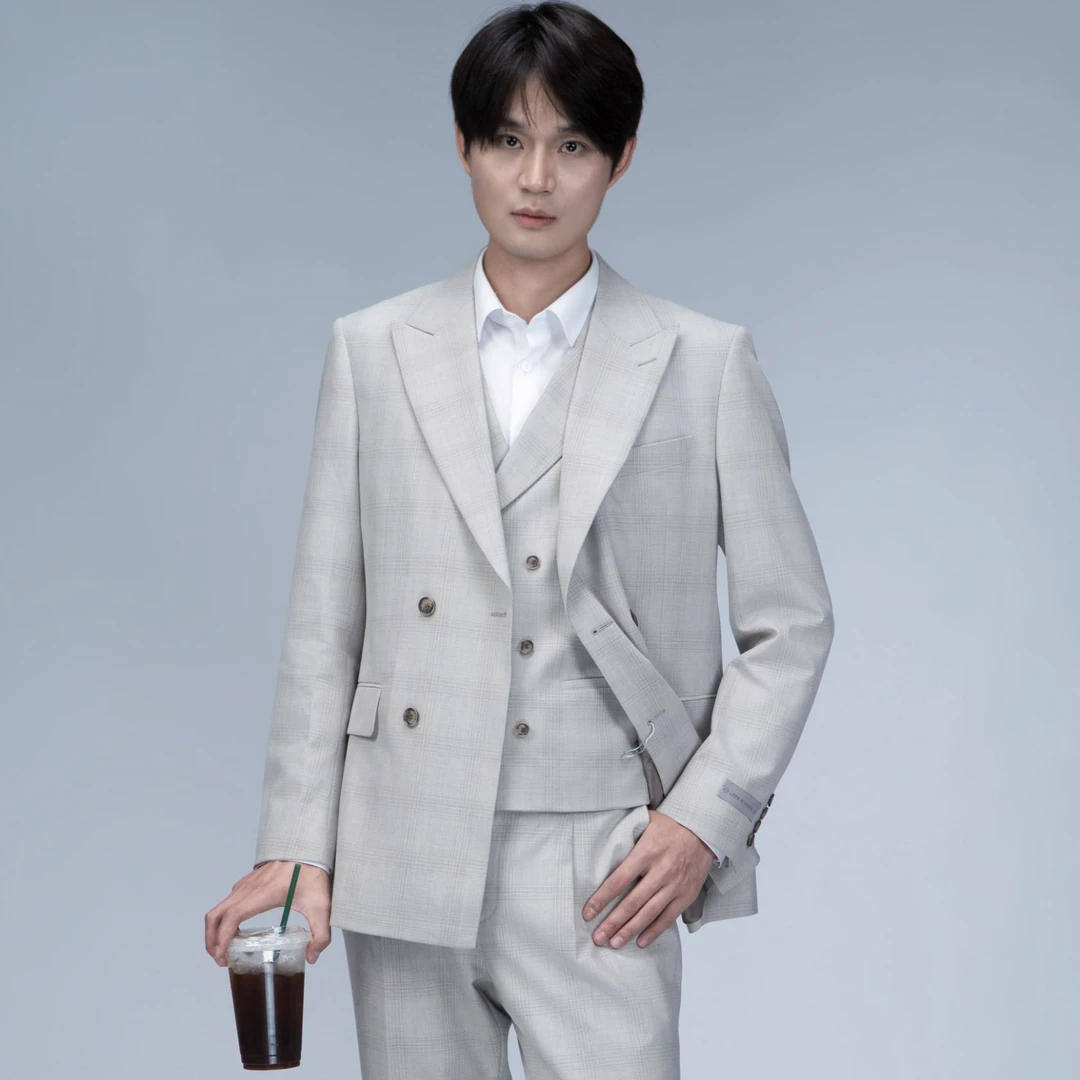 利郎26年春季新款灰咖间色双排扣三件套戗驳领英伦风西服套装礼服