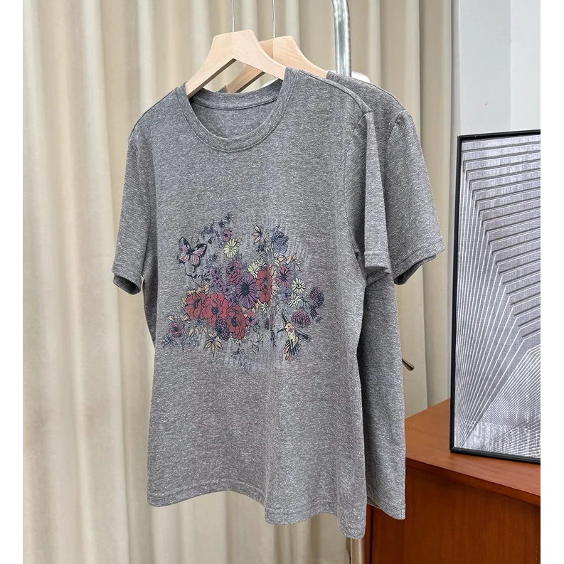 X'JIE-棉麻蝴蝶花短袖T恤-BA52