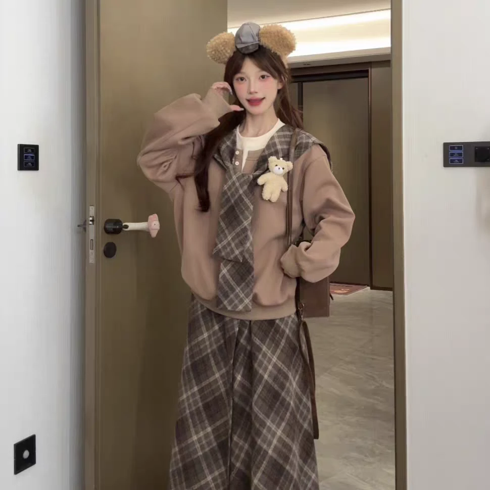 复古甜美套装女秋冬季新款小个子假两件格子上衣+阔腿长裤两件套