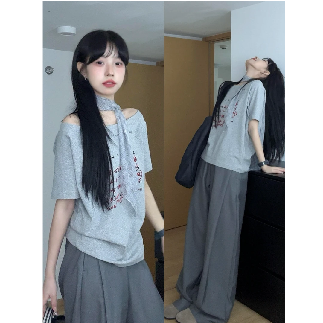 MARIE.COCO灰色绝美斜肩t恤女夏季宽松显瘦短袖学院风休闲裤套装