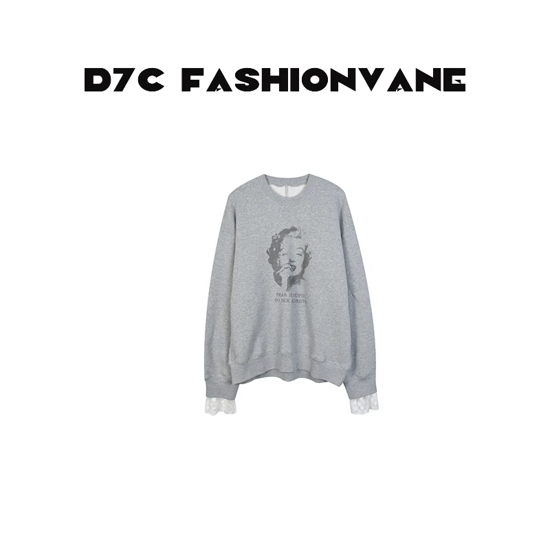 【婉婉】百搭休闲圆领印染重工蕾丝长袖卫衣C10172520