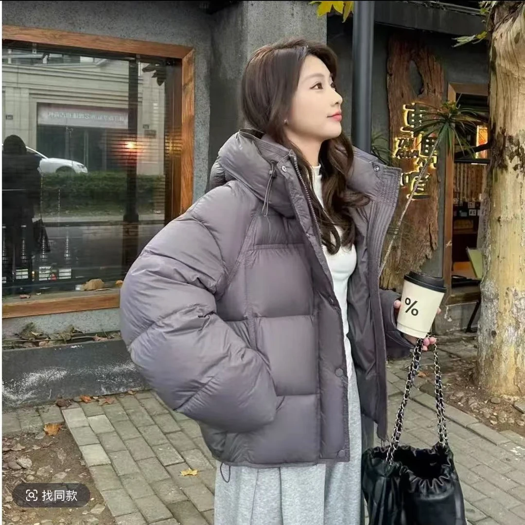 泡芙加厚新款纯色短款女款羽绒服休闲百搭女士连帽宽松保暖冬季