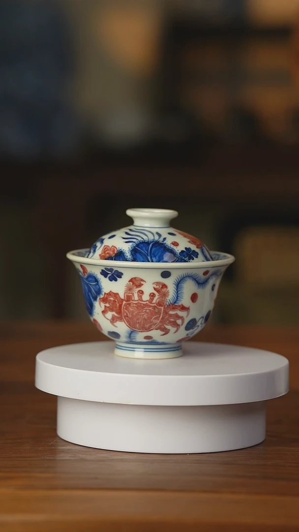 【闪购商品】几呈窑青花釉里红荷花螃蟹二才盖碗、、、