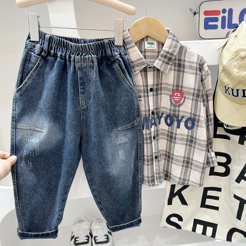 2025春秋季新款男童牛仔裤宽松时尚洋气舒适中秋季女童蕾丝牛仔裤