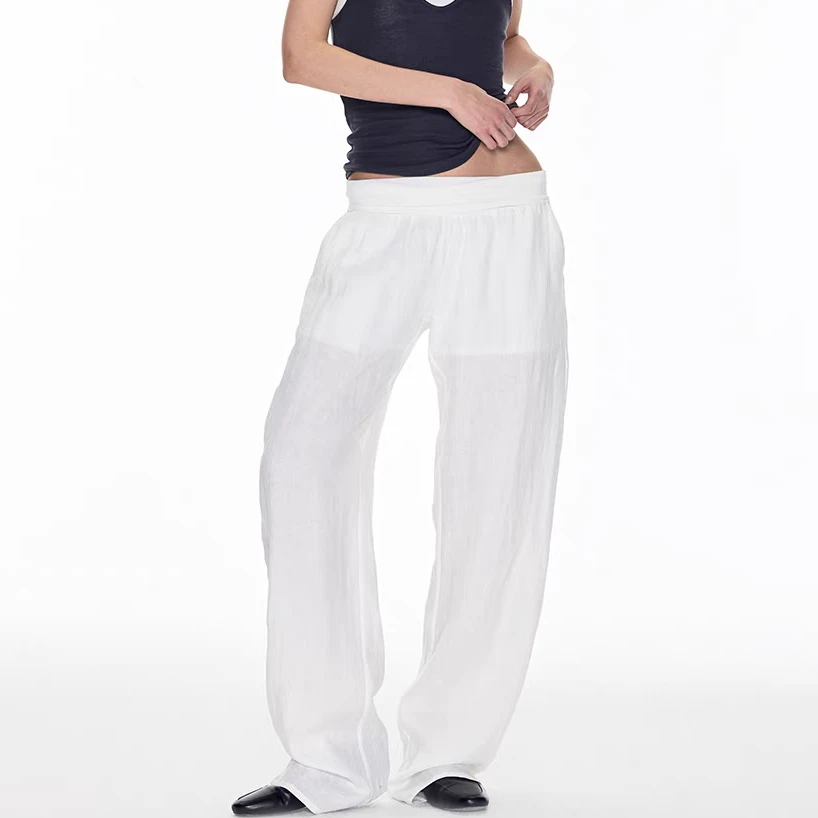 THE SHY STREET翻边针织腰头亚麻长裤TSS051P021A