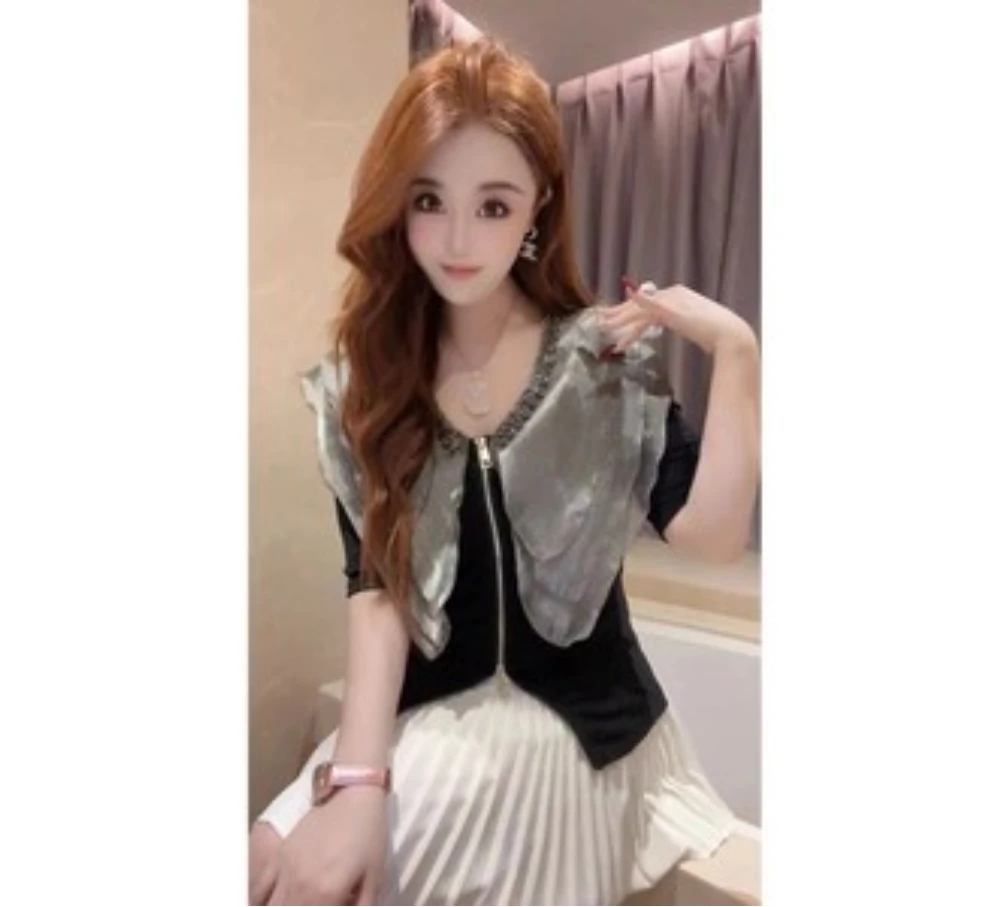 JY&JY橙子大大【夕月挽殇】重工钉珠双拉链针织衬衫上衣 15701