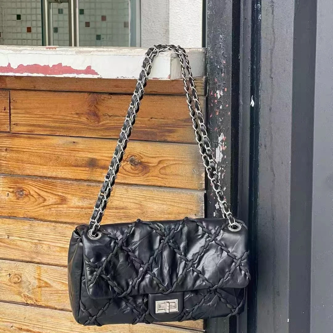 WEIGE【链条包】牛皮手提单肩斜挎包BV9985-银扣-黑色