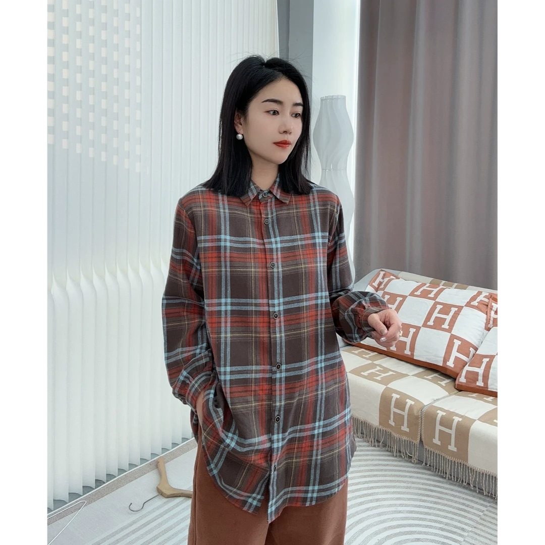 2024秋冬新款宽松显瘦百搭休闲文艺港风复古格子长袖衬衫女2570