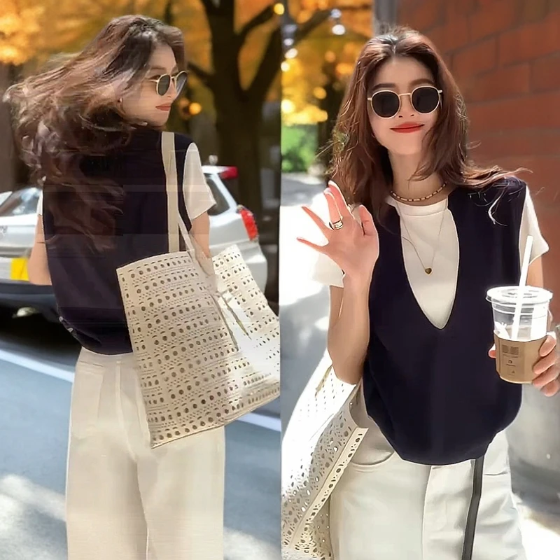 韩版潮流简约元气T恤马甲两件套女2025春夏季新款时尚休闲套装潮