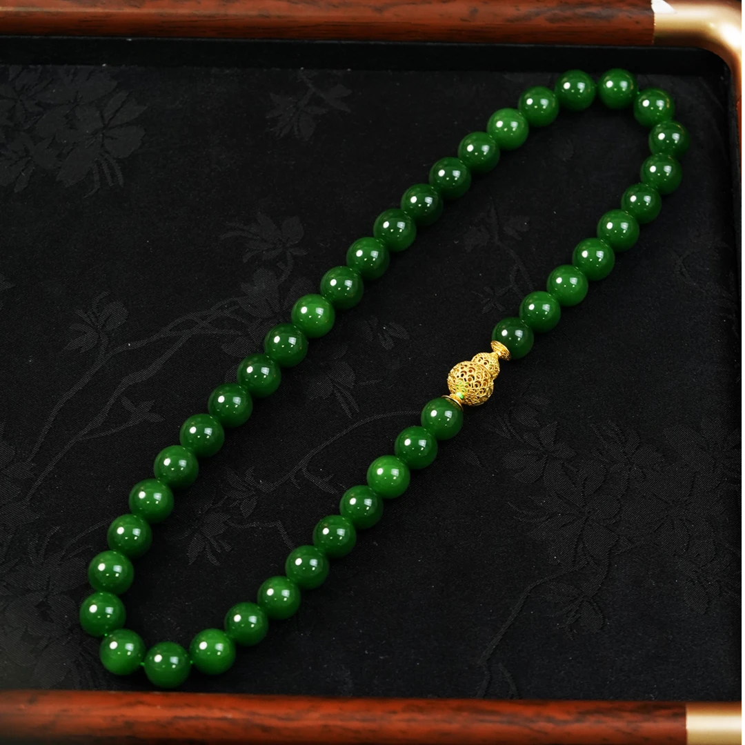 【石缘居珠宝】18K金镶嵌和田玉碧玉典藏级高端大气圆珠项链 C35-19