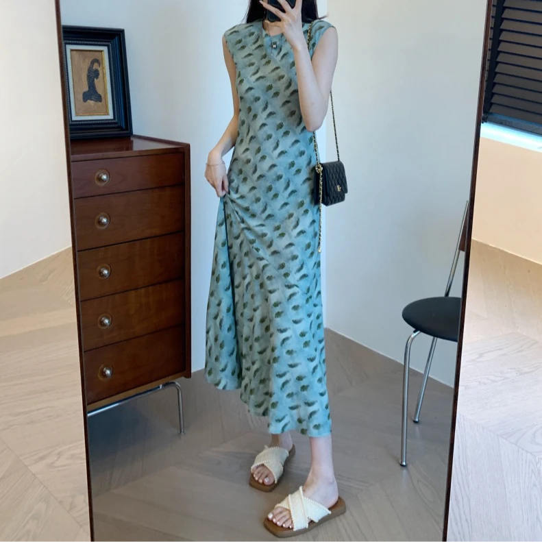 宝丫轻奢  女式优雅中式修身显瘦印花无袖连衣裙K2993