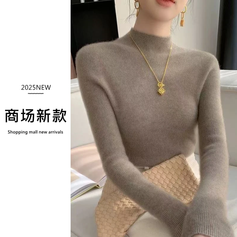 100羊毛一线成衣无缝半高领配大衣加厚针织打底衫女套头毛衣修身