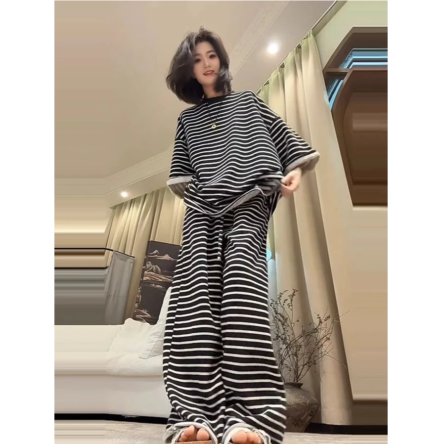 慵懒系条纹套装女夏季开叉显瘦上衣一整套ootd穿搭新款阔腿休闲裤