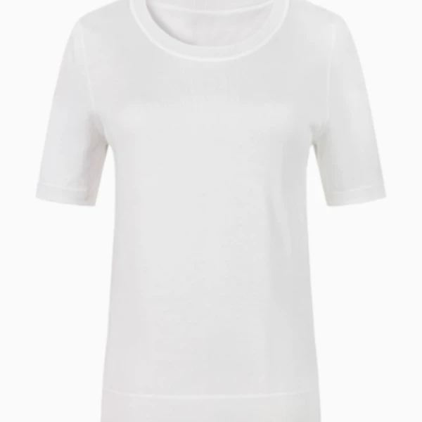 曼德诗纯色低圆领套头衫女弹力修身简约短袖M710175