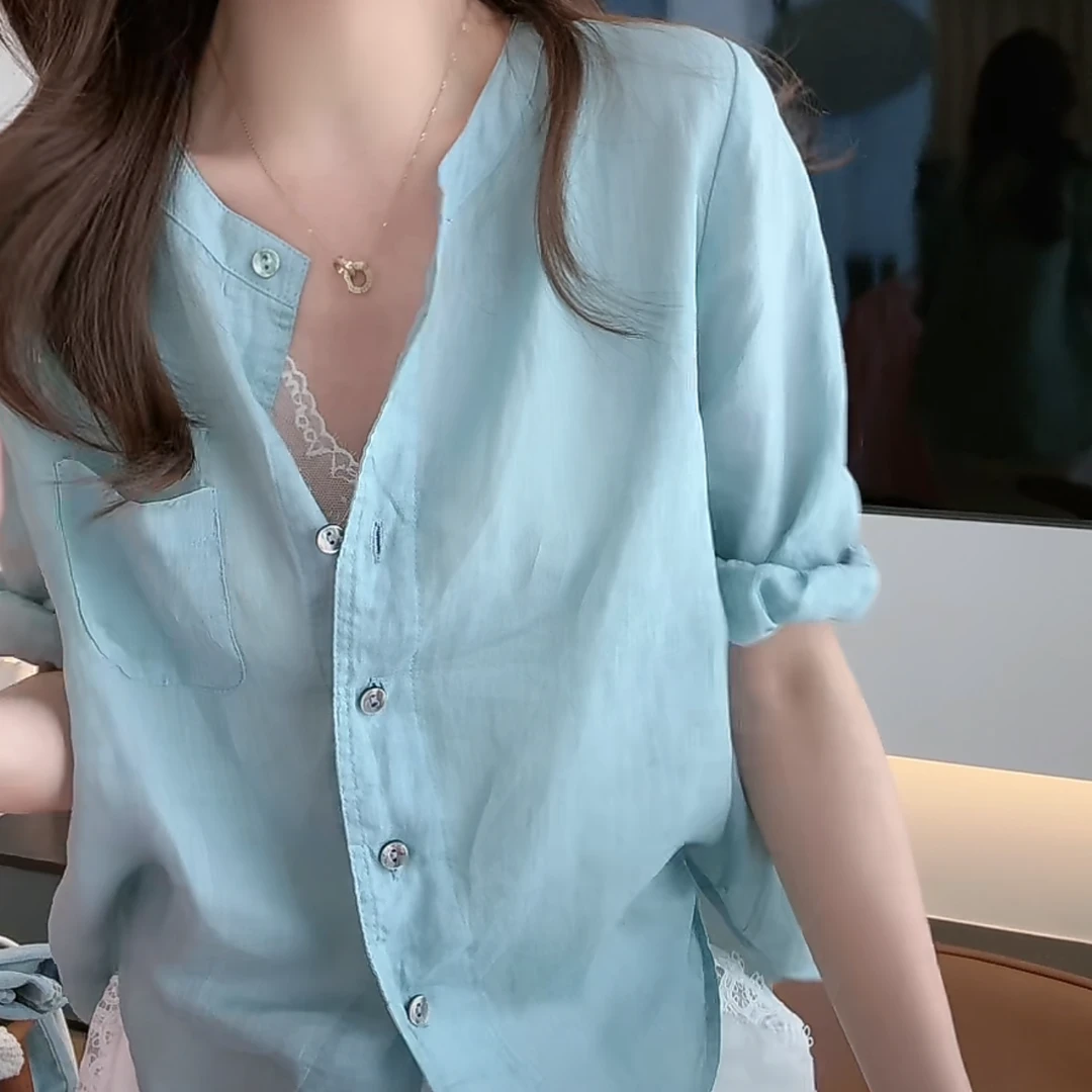 洋气宽松百搭纯色苎麻衬衫2025夏季新款轻奢简约时尚中袖衬衣女