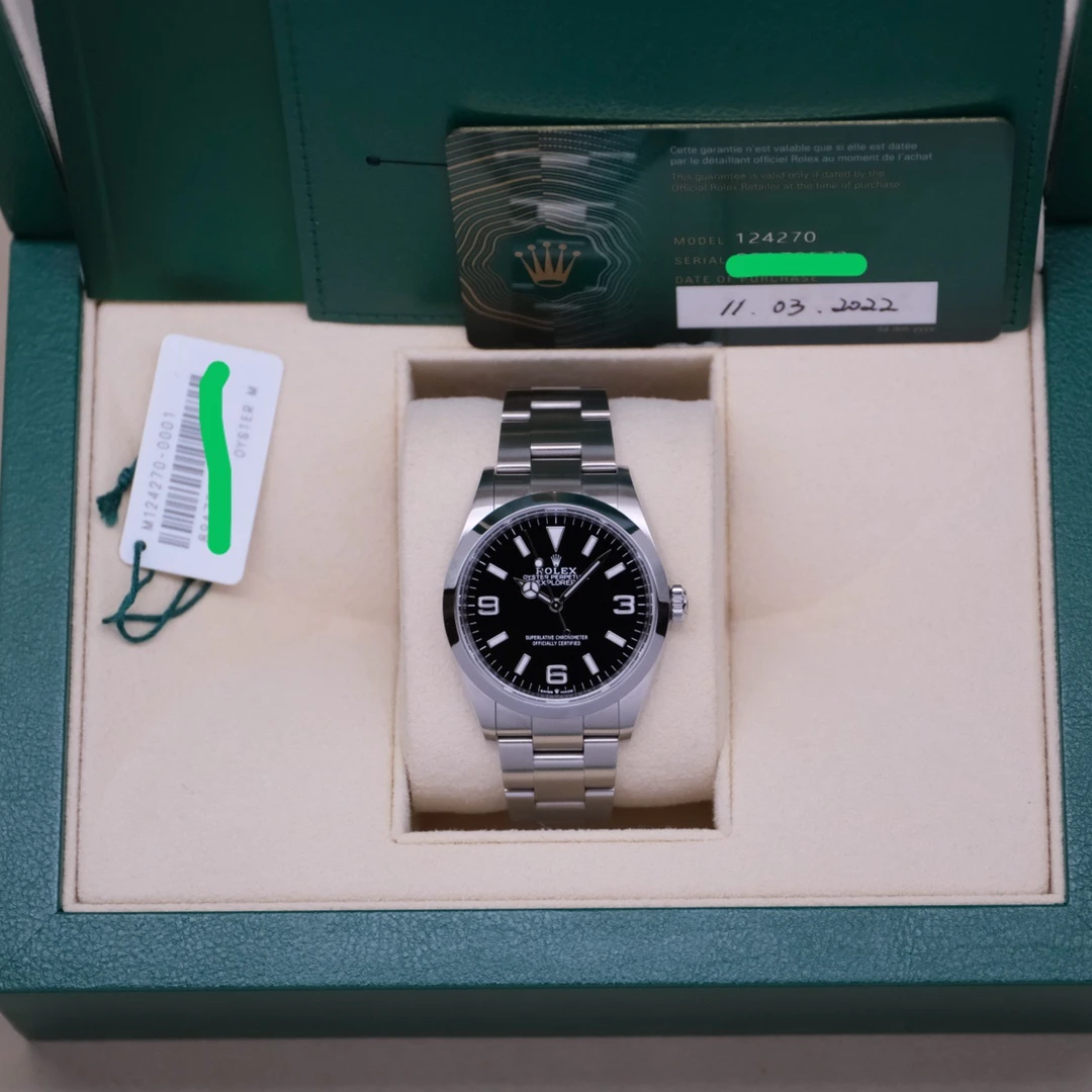 95新 Rolex/劳力士 探险家124270黑盘2022年全36mm369夜光10.5节