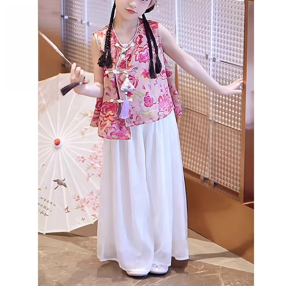 女童国风碎花无袖阔腿裤套装2025新款新中式盘扣上衣九分裤防蚊夏