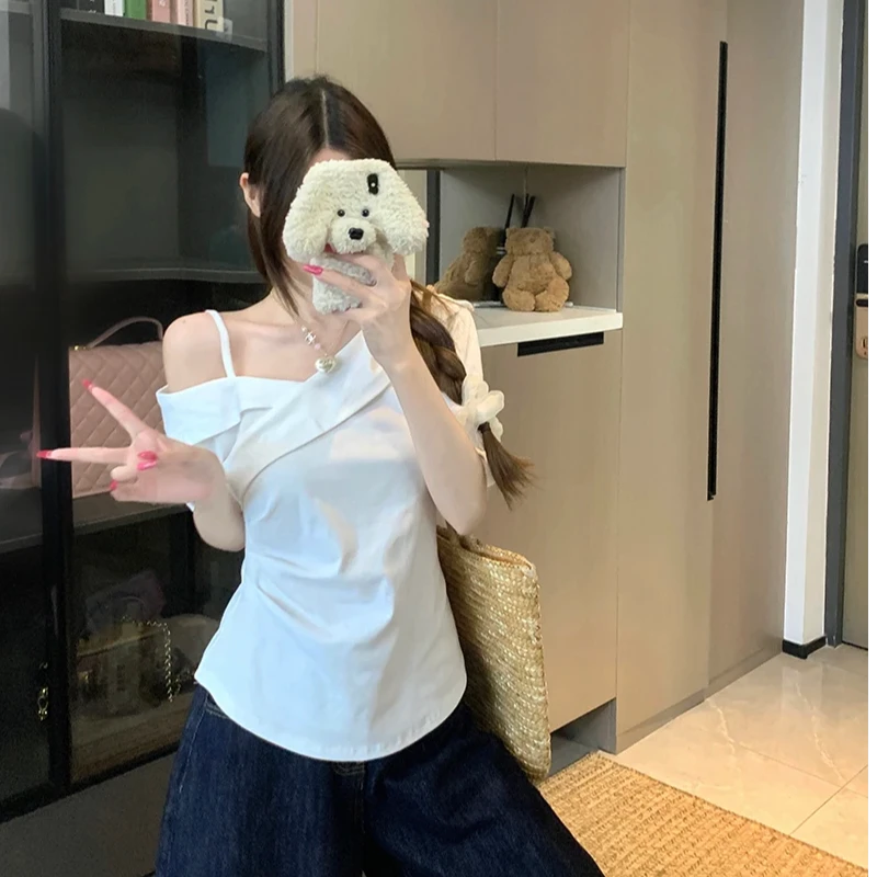 不规则一字肩露肩短袖女t恤夏大码女装胖mm显瘦收腰斜领短款上衣