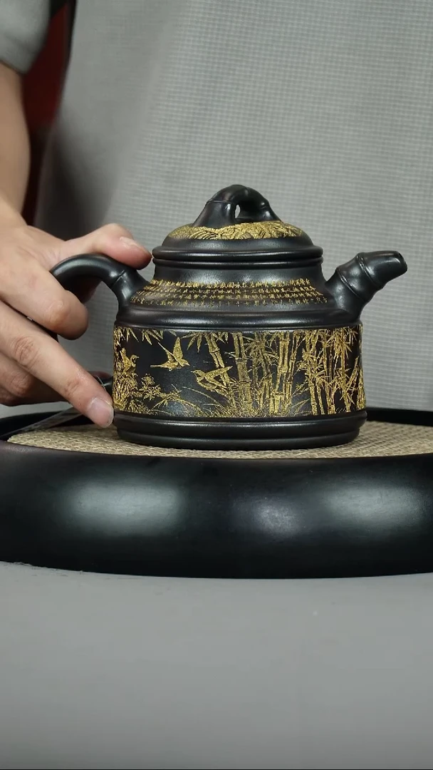 茶壶紫砂石黄 竹鼎 描金