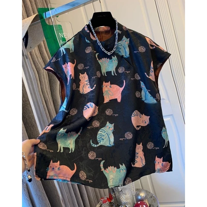 00431独特超好看新中式猫咪短袖衬衫宽松时尚上衣女装夏季款小衫