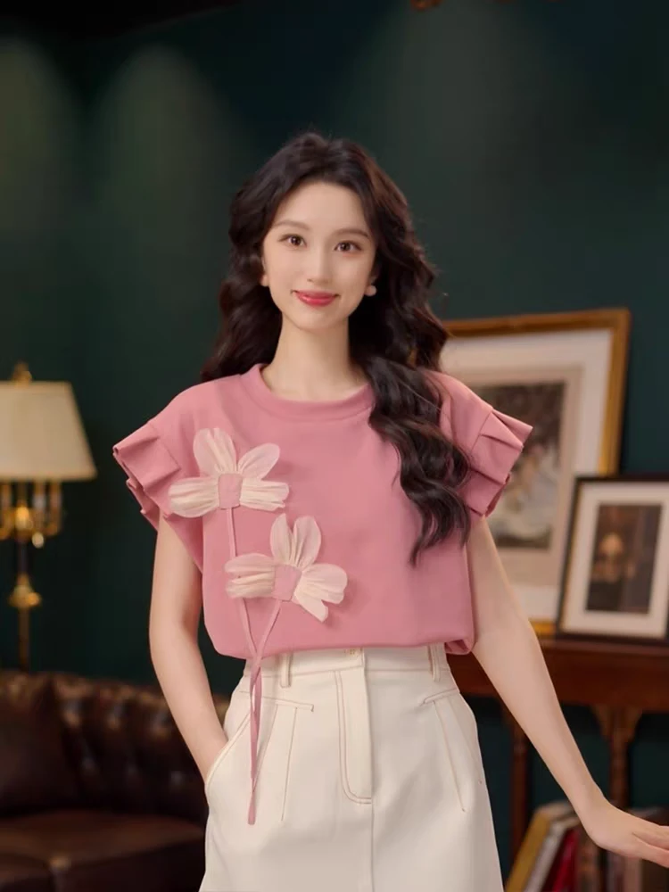复古港风拼接扎花短袖花边T恤女夏季圆领套头时尚减龄高级感上衣