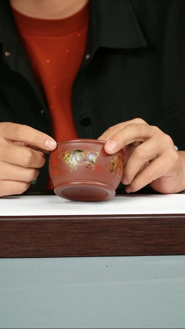 茶杯紫砂  石红泥料 五牛杯