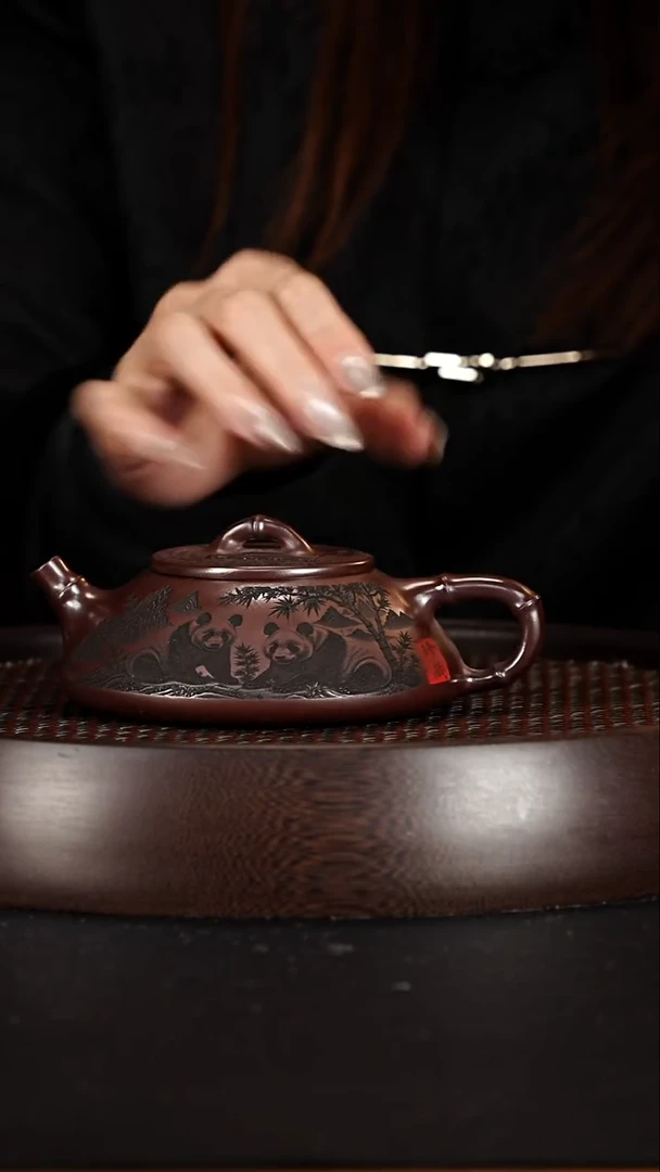 茶壶紫砂宜兴紫砂壶石红泥料熊猫竹瓢260cc