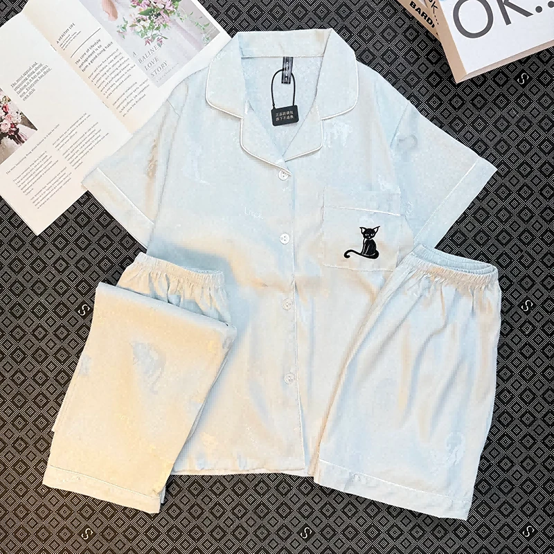 【1号链接多款】睡衣女夏冰雪丝睡衣带胸垫短袖翻领三件套家居服