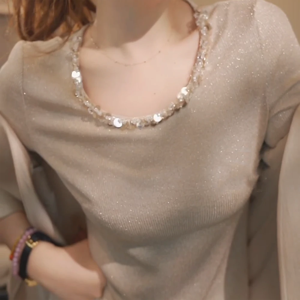”流玥“轻奢高级感钉珠针织衫女修身显瘦套头打底衫长袖上衣