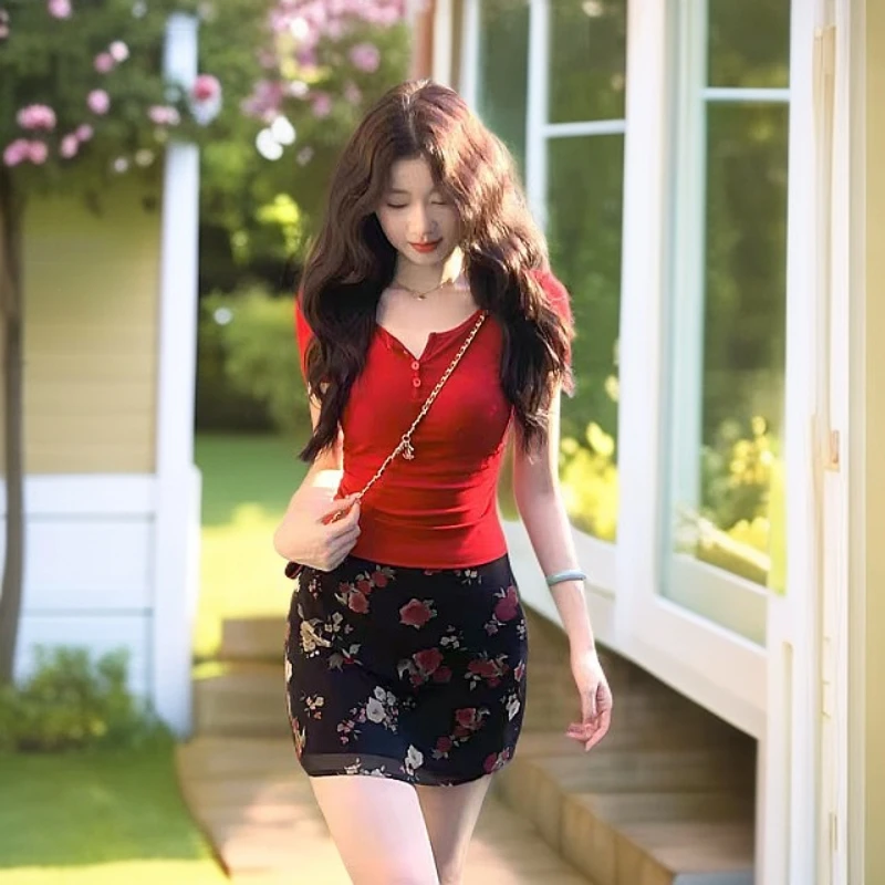 韩系时尚纯欲气质针织衫女夏显瘦短袖上衣+碎花半身裙两件套套装