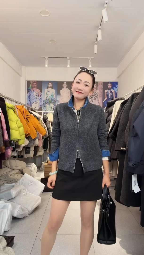 带领羊毛衫开衫拉链牛仔拼接