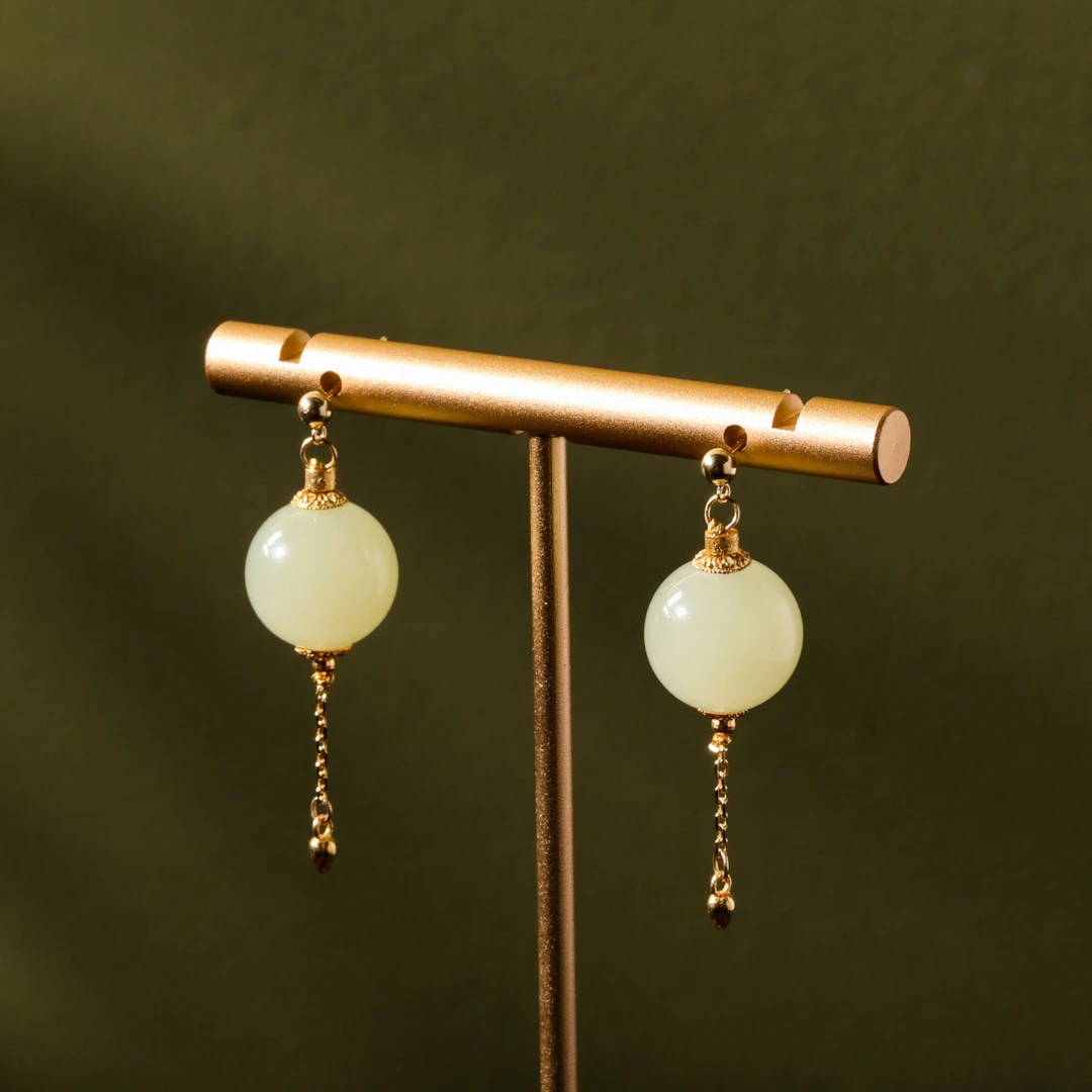 【意婵】《治愈》18K金天然高品新疆和田玉黄玉转运珠耳饰-912274