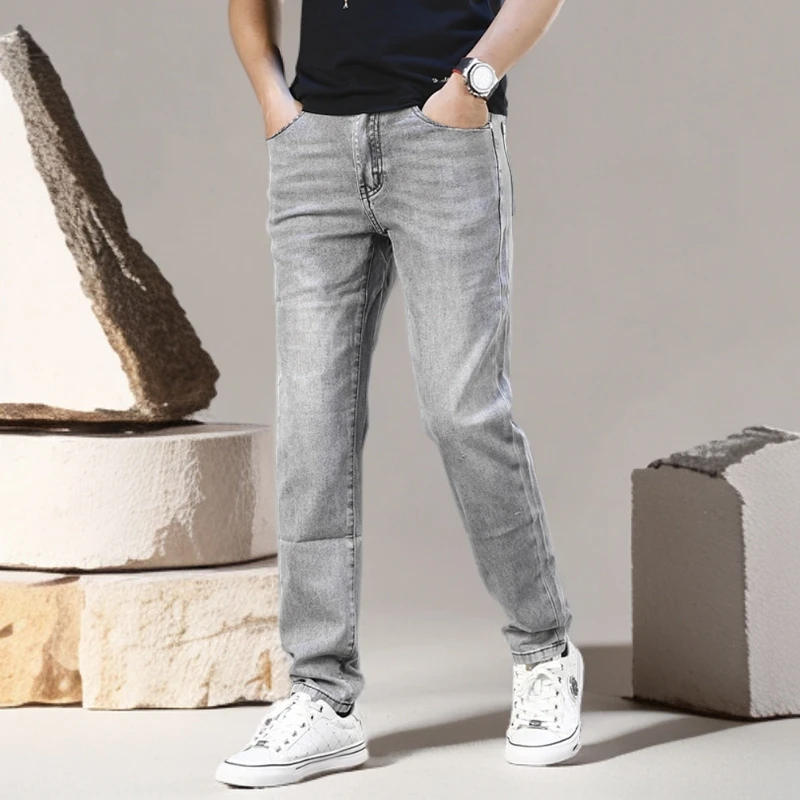 诺顿雷斯夏季薄款烟灰色牛仔裤男士潮流百搭休闲弹力男士长裤