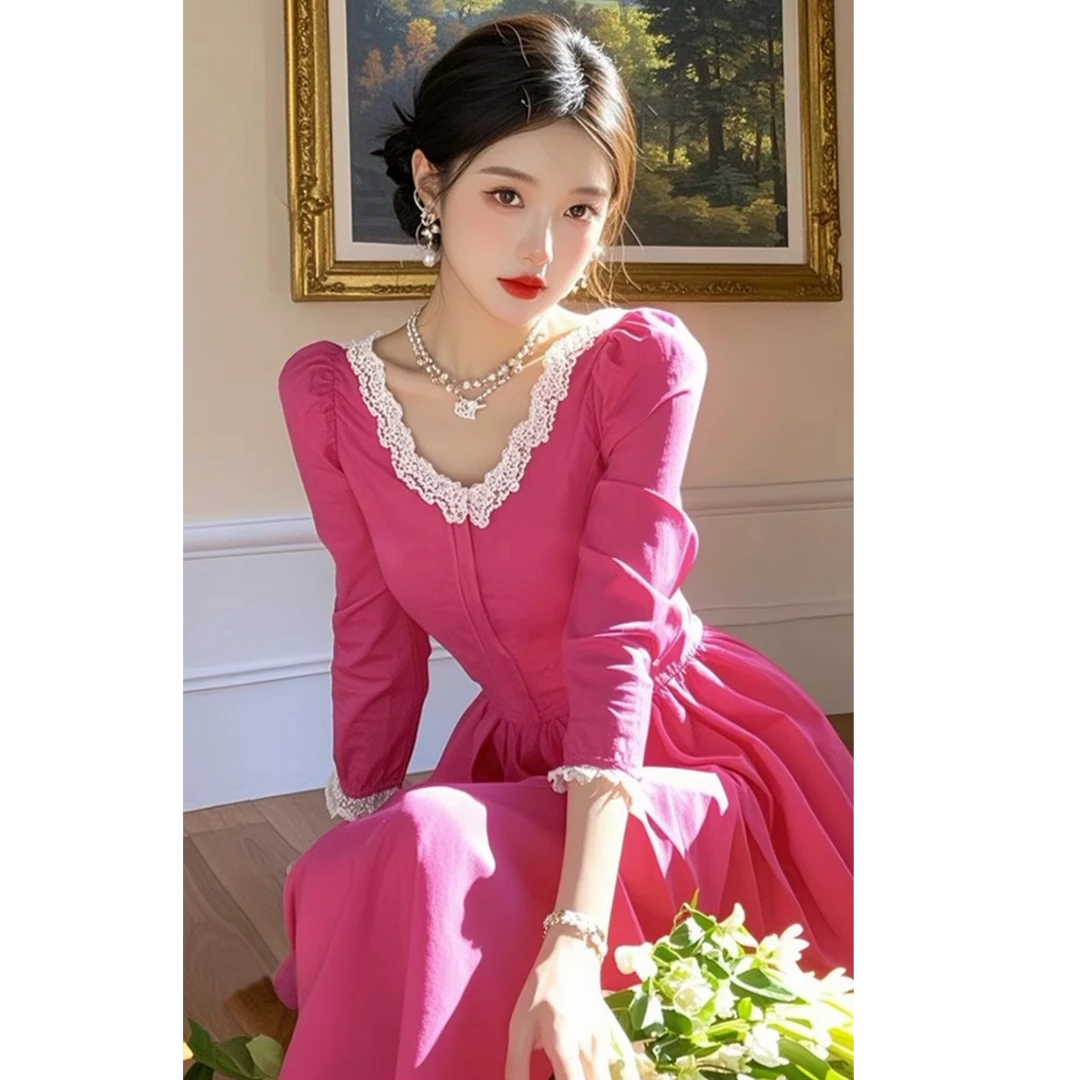 玫红色蕾丝边连衣裙春季小个子韩系温柔甜美漂亮独特清纯掐腰裙子