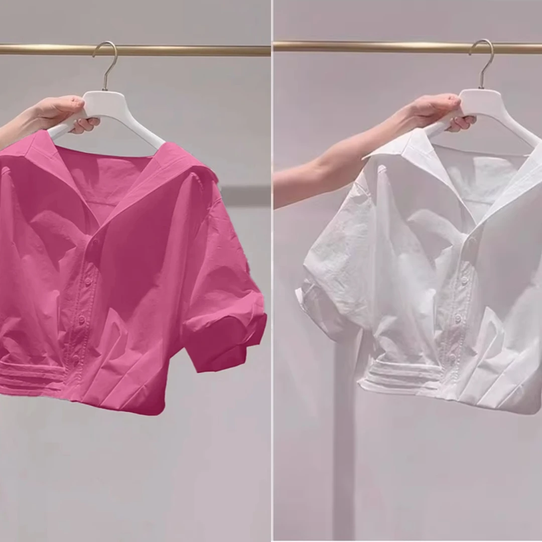 巨好看树莓粉翻领泡泡袖衬衫女夏季爆款新款宽松多巴胺短款衬衣