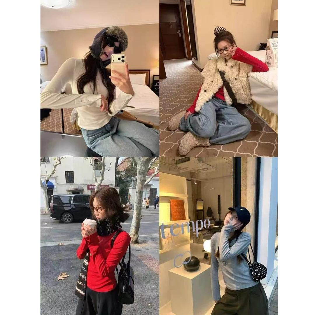 韩系设计感时髦修身显瘦百搭长袖上衣秋冬袖子开扣长袖T61981