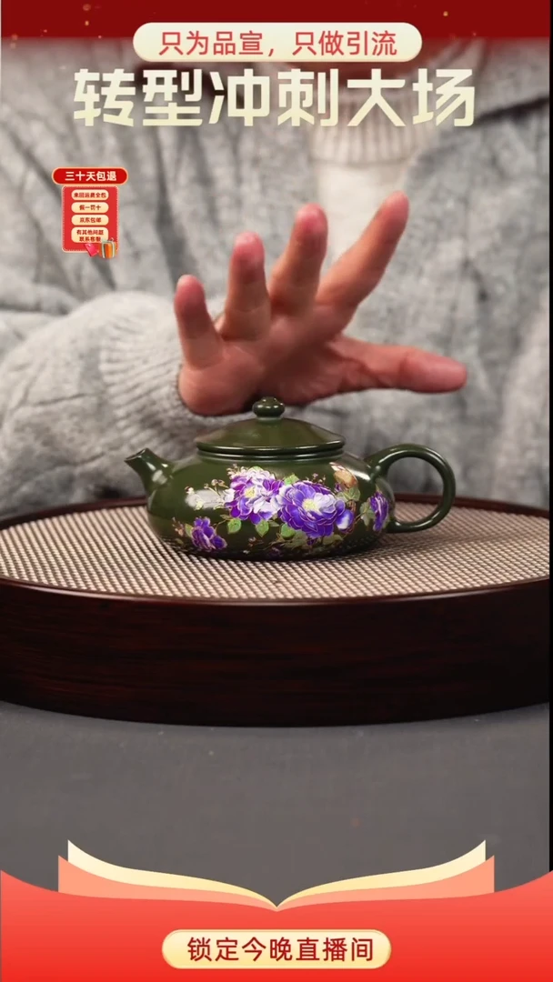茶壶紫砂绿泥 寒江 花鸟珐琅彩（幻彩）