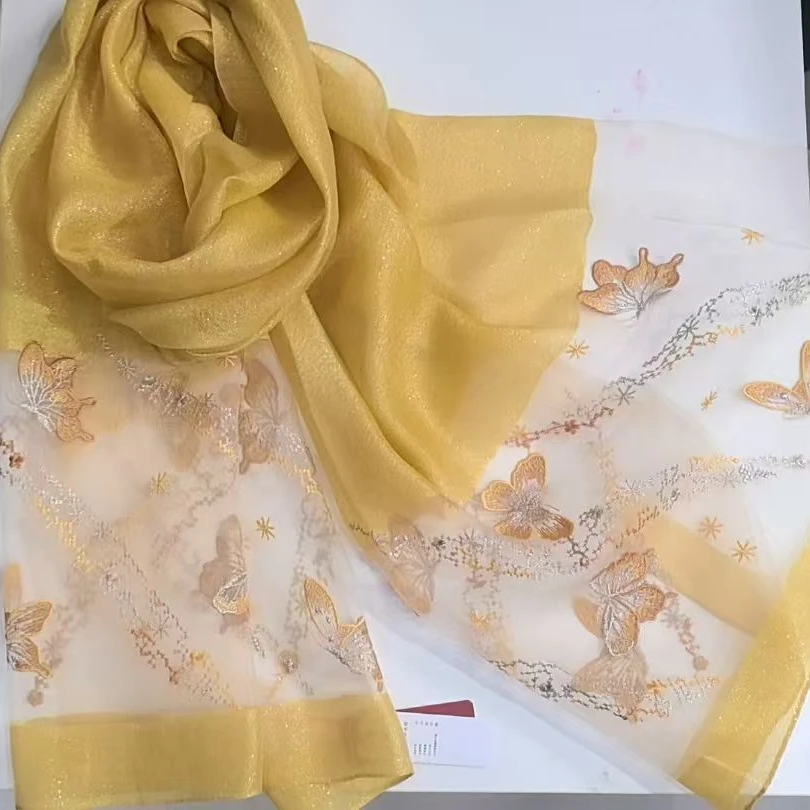 C342 黄色 莺歌蝶舞 桑蚕丝羊毛刺绣丝巾围巾披肩75*190CM