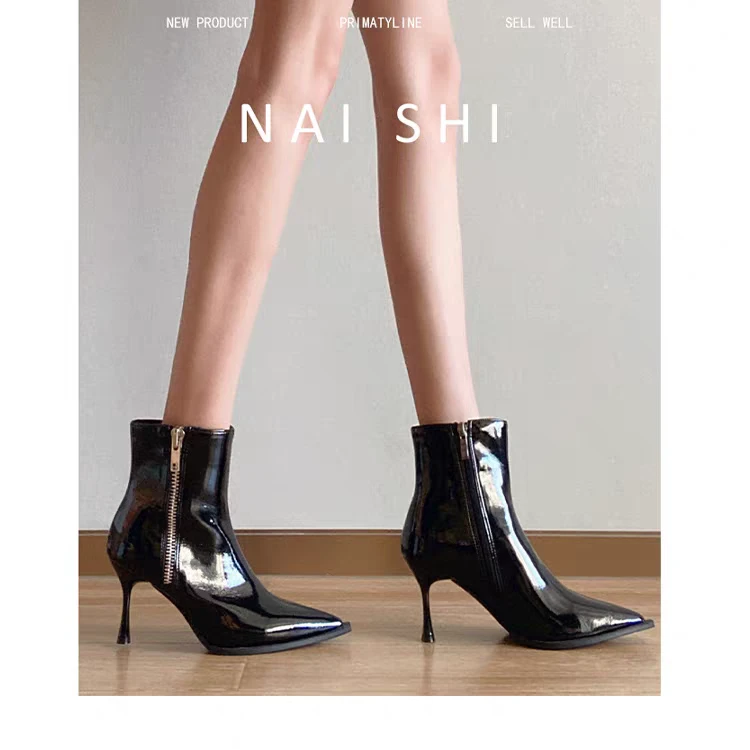 2024秋季法式小短靴女侧拉链尖头高跟靴细跟瘦瘦靴气质黑色裸靴