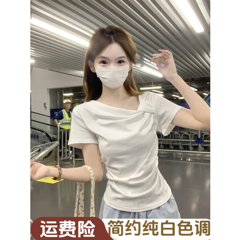 短袖上衣女夏季独特别致收腰修身T恤ins白色温柔风设计感小众扭结