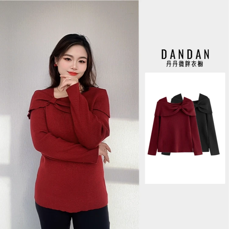丹丹微胖2025春季新款显瘦时尚一字肩蝴蝶结针织衫