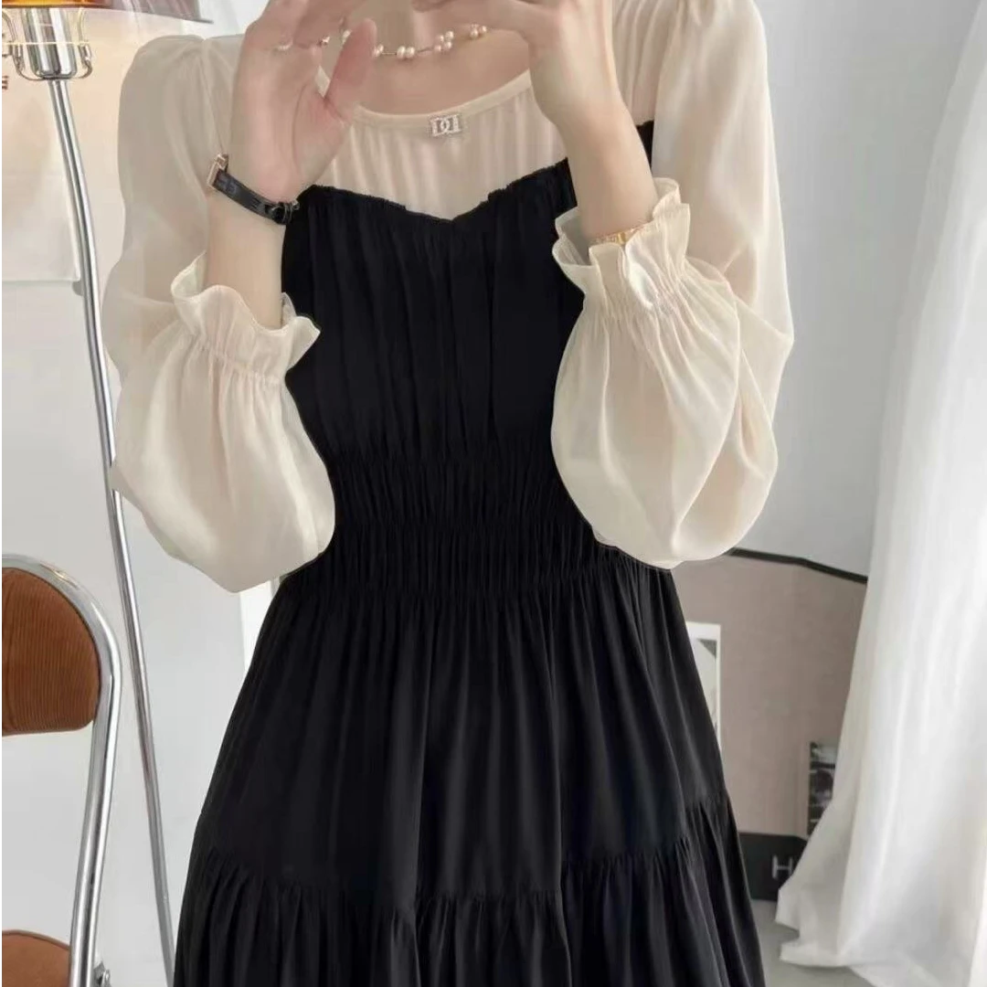 385连衣裙显瘦气质长袖时尚黑色法式收腰拼接设计感假两件韩版