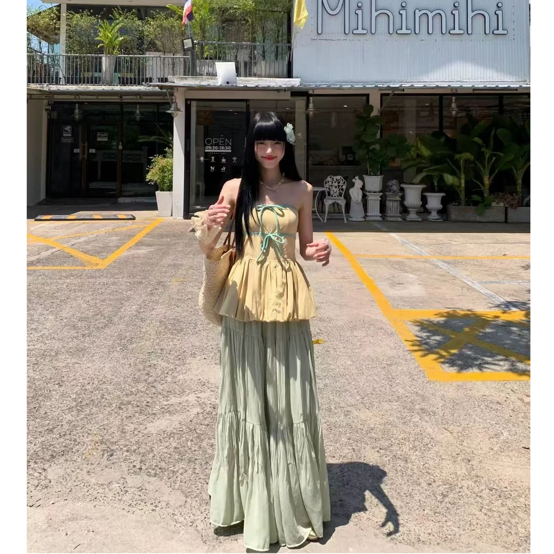 【二姐严选】抹胸上衣通勤设计感绑带显瘦气质时尚绿色夏季法式上衣