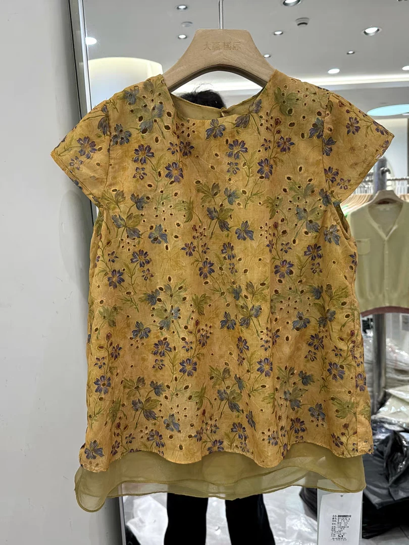 85155新中式镂空紫色碎花小飞袖假两件打底