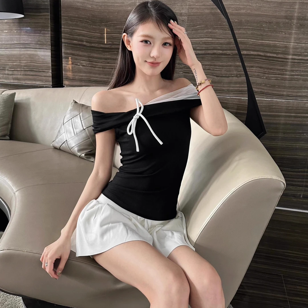 法式气质一字肩蝴蝶结短袖套装修身显瘦慵懒风简约休闲辣妹短裤裙